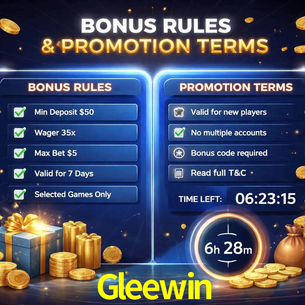 Reglas de promoción Gleewin y condiciones de bonos explicadas visualmente