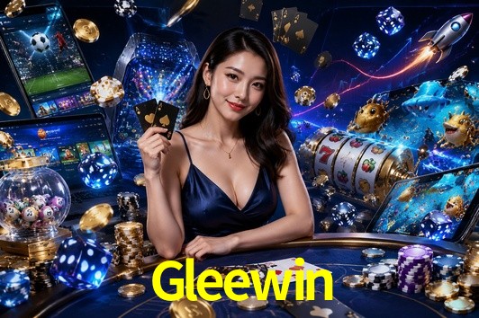 Una escena digital vívida inspirada en casino con Gleewin mostrado prominentemente, luces brillantes, fichas, cartas y acentos dorados.