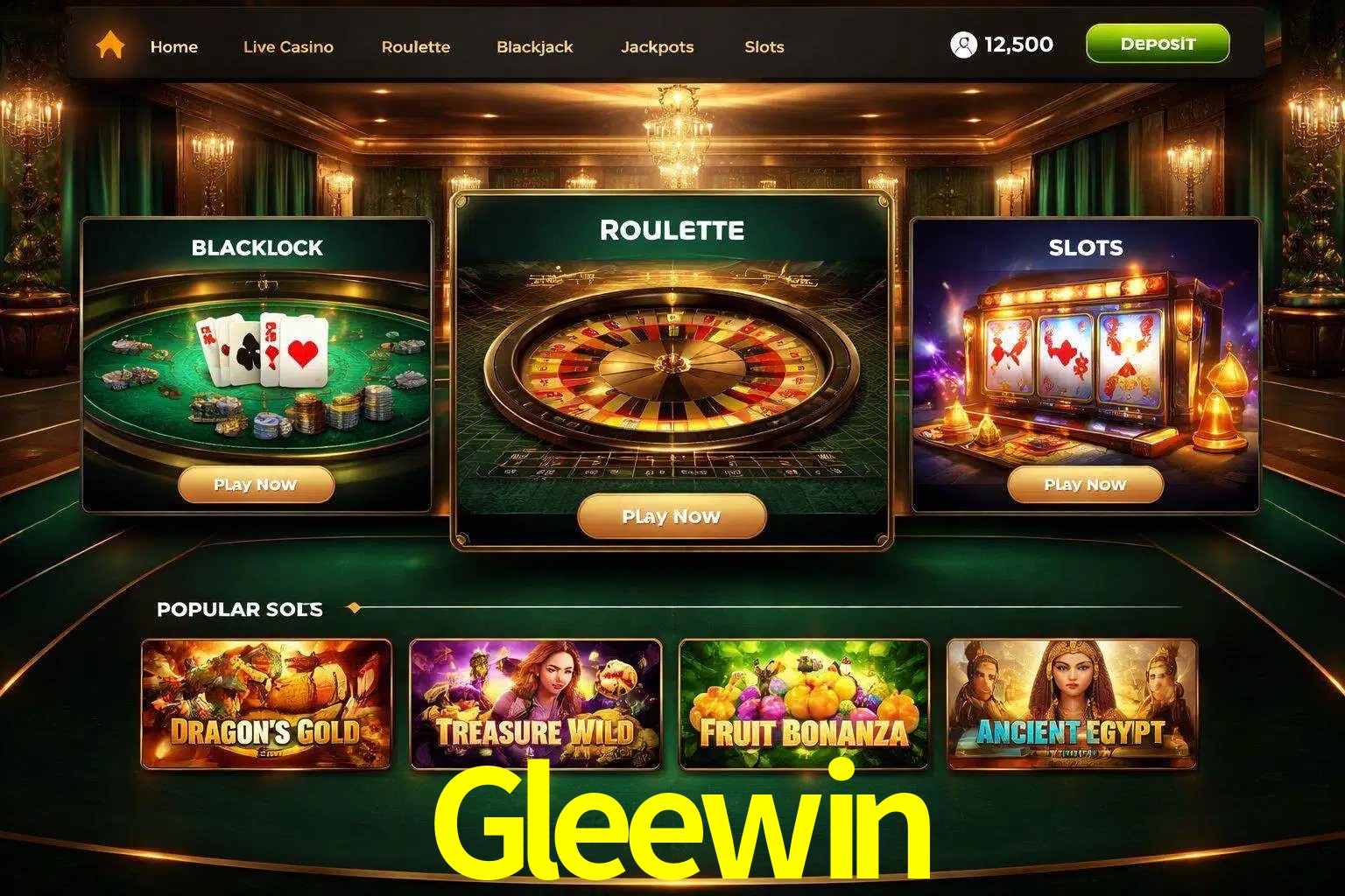 Vista de la plataforma Gleewin Casino mostrando categorías organizadas de juegos en línea