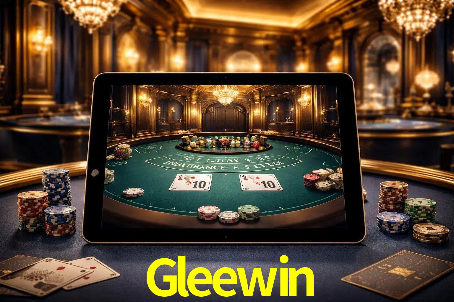 Configuración moderna de casino en vivo con una tableta mostrando una mesa de blackjack, luces cálidas de estudio y una atmósfera elegante de juegos digitales.