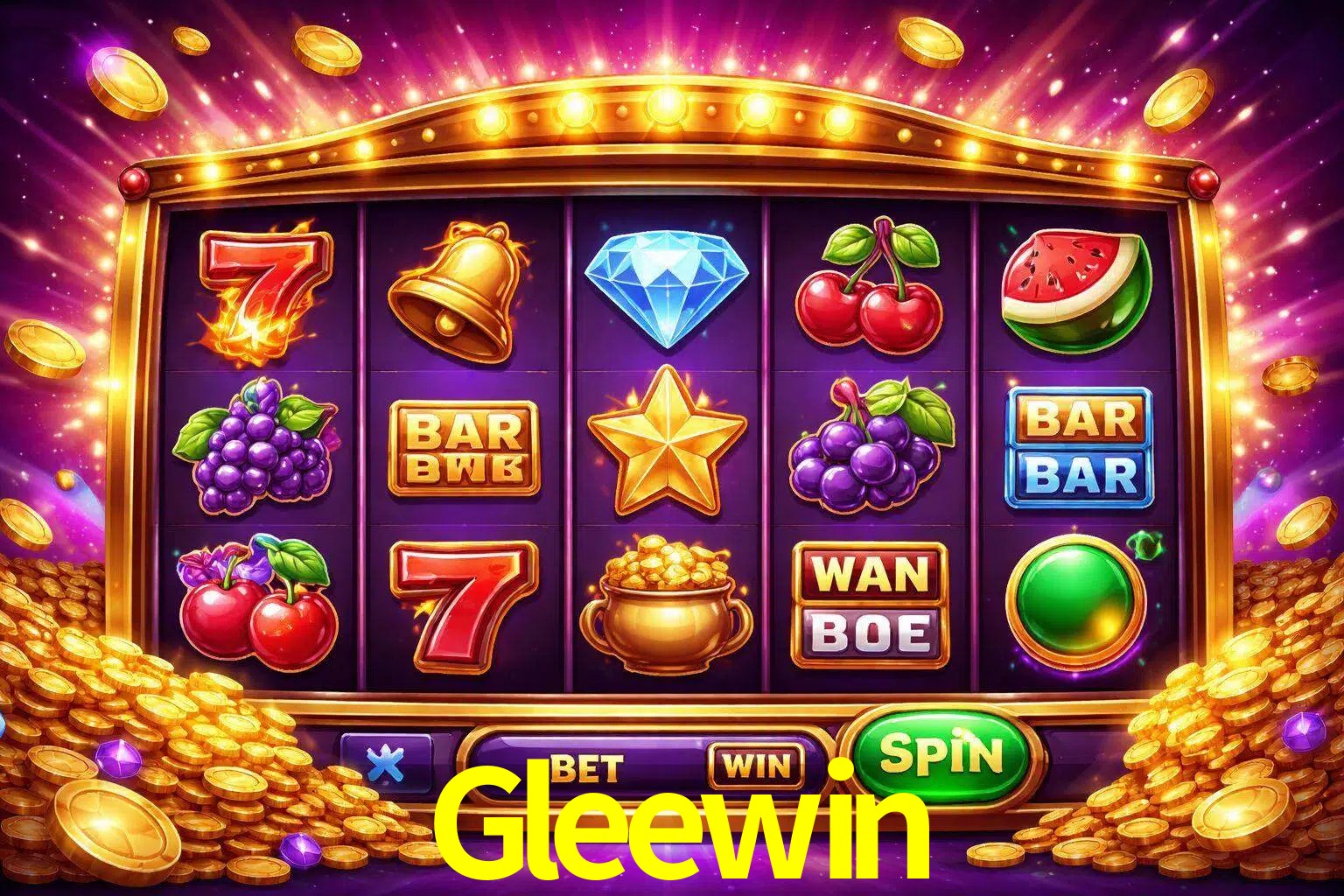 Una interfaz colorida de tragamonedas en línea con símbolos brillantes, monedas y un efecto de victoria celebratoria en Gleewin.