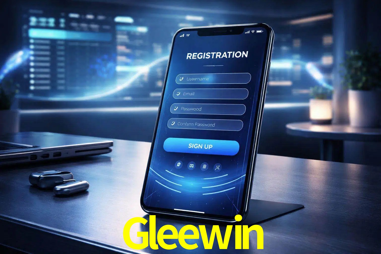 Una interfaz moderna de registro móvil para Gleewin mostrada en un smartphone con un panel de apuestas elegante.